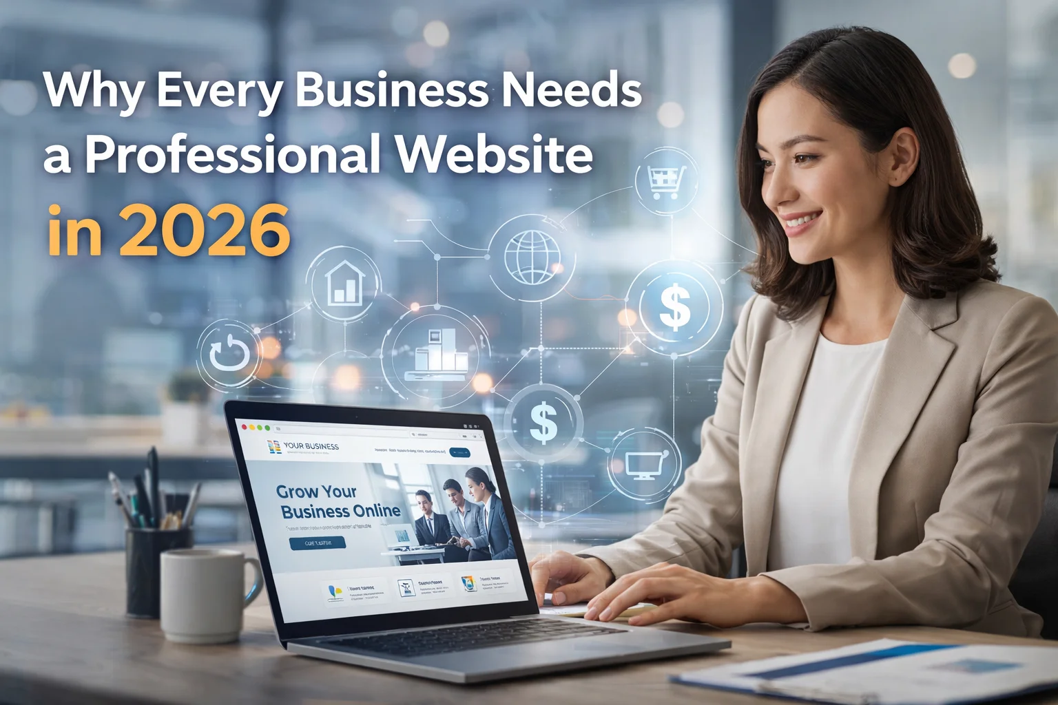 A smiling woman in a suit uses a laptop displaying a business website. Digital icons and text reading "Why Every Business Needs a Professional Website in 2026" float around her.