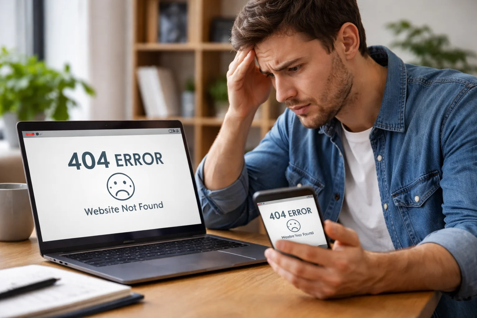 Outdated website bad impression showing frustrated user on broken website